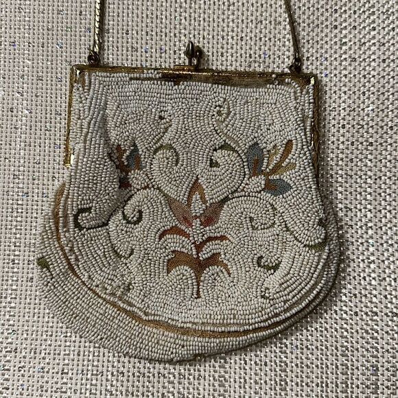 Vintage Beaded Kissing Wallet Clutch Ivory Gold Tone Floral - Picture 3 of 5